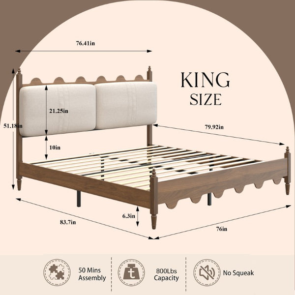 English Elm King Platform Bed Scalloped Upholstered Headboard Walnut Legs French Country Bedroom W636P553544