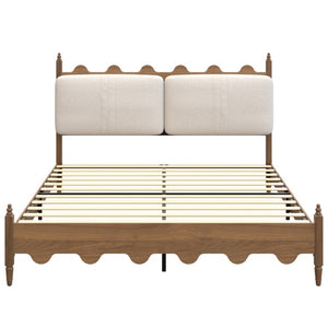English Elm King Platform Bed Scalloped Upholstered Headboard Walnut Legs French Country Bedroom W636P553544