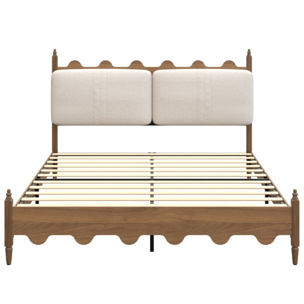 English Elm King Platform Bed Scalloped Upholstered Headboard Walnut Legs French Country Bedroom W636P553544
