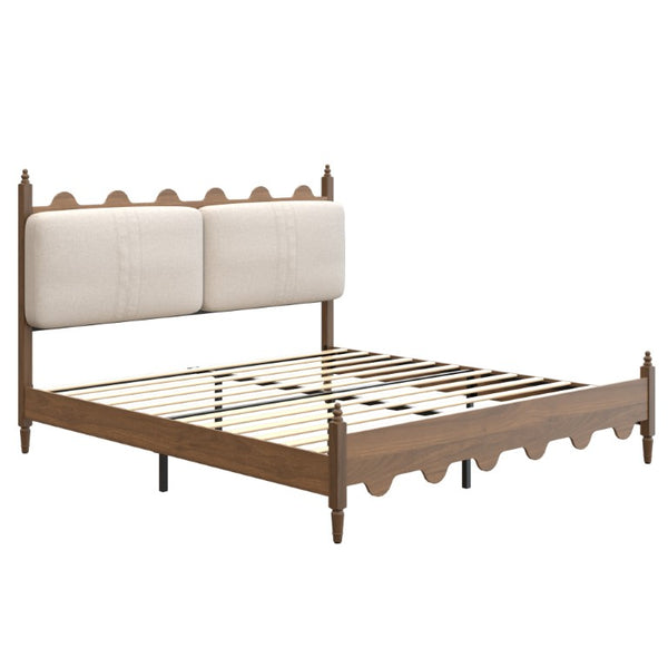 English Elm King Platform Bed Scalloped Upholstered Headboard Walnut Legs French Country Bedroom W636P553544
