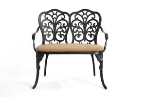 English Elm Cast Aluminum Outdoor Bench with Tulip Pattern Detail and Weather Resistant Cushion W640P250988
