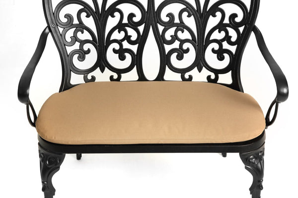 English Elm Cast Aluminum Outdoor Bench with Tulip Pattern Detail and Weather Resistant Cushion W640P250988