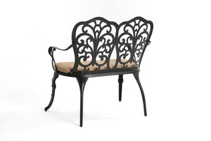 English Elm Cast Aluminum Outdoor Bench with Tulip Pattern Detail and Weather Resistant Cushion W640P250988