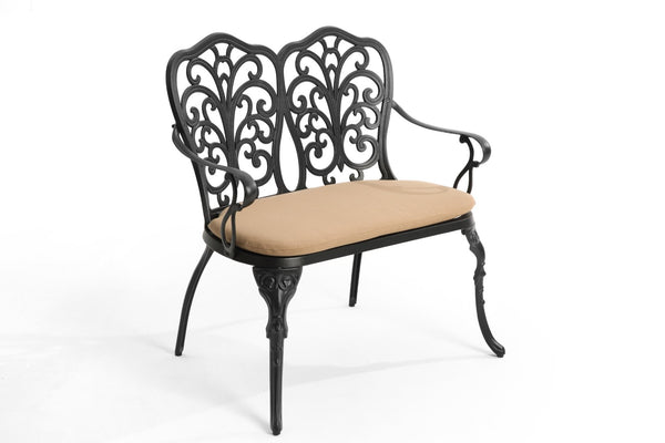 English Elm Cast Aluminum Outdoor Bench with Tulip Pattern Detail and Weather Resistant Cushion W640P250988