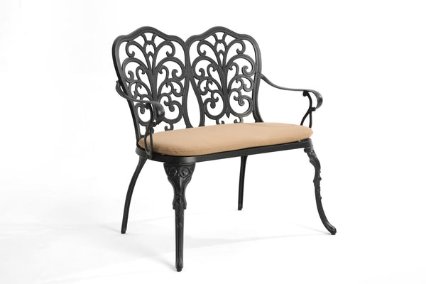 English Elm Cast Aluminum Outdoor Bench with Tulip Pattern Detail and Weather Resistant Cushion W640P250988