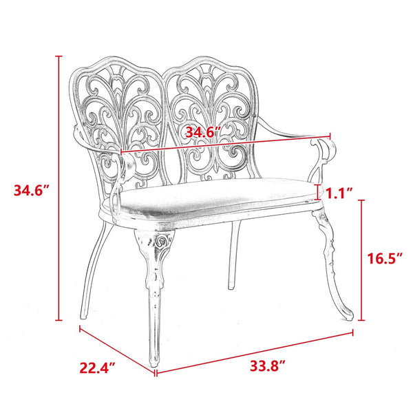 English Elm Cast Aluminum Outdoor Bench with Tulip Pattern Detail and Weather Resistant Cushion W640P250988