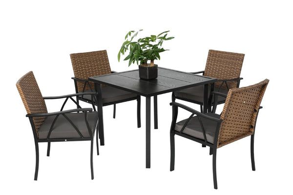 English Elm Patio 5 Piece PE Rattan Wicker Swivel Rocker Sectional Set with Steel Top Dining Table W640P256765