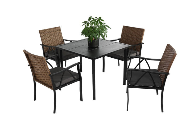 English Elm Patio 5 Piece PE Rattan Wicker Swivel Rocker Sectional Set with Steel Top Dining Table W640P256765
