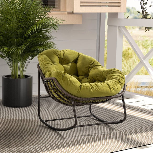 English Elm Outdoor Woven Rattan Egg Rocking Chair with Padded Cushion for Patio and Porch W640P523131