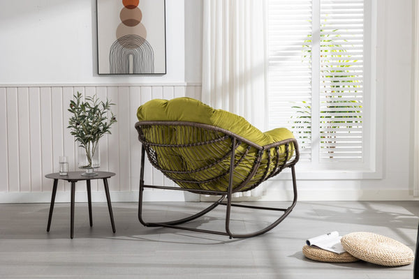 English Elm Outdoor Woven Rattan Egg Rocking Chair with Padded Cushion for Patio and Porch W640P523131