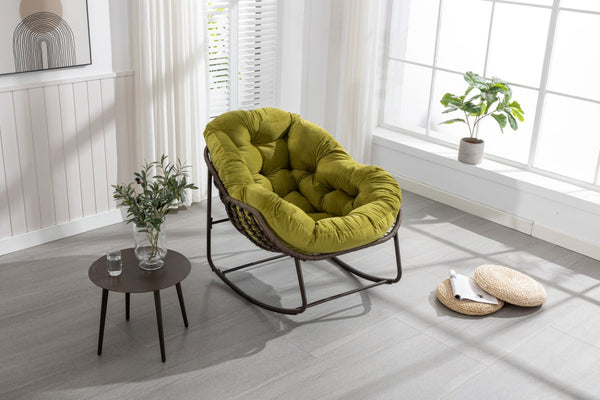 English Elm Outdoor Woven Rattan Egg Rocking Chair with Padded Cushion for Patio and Porch W640P523131