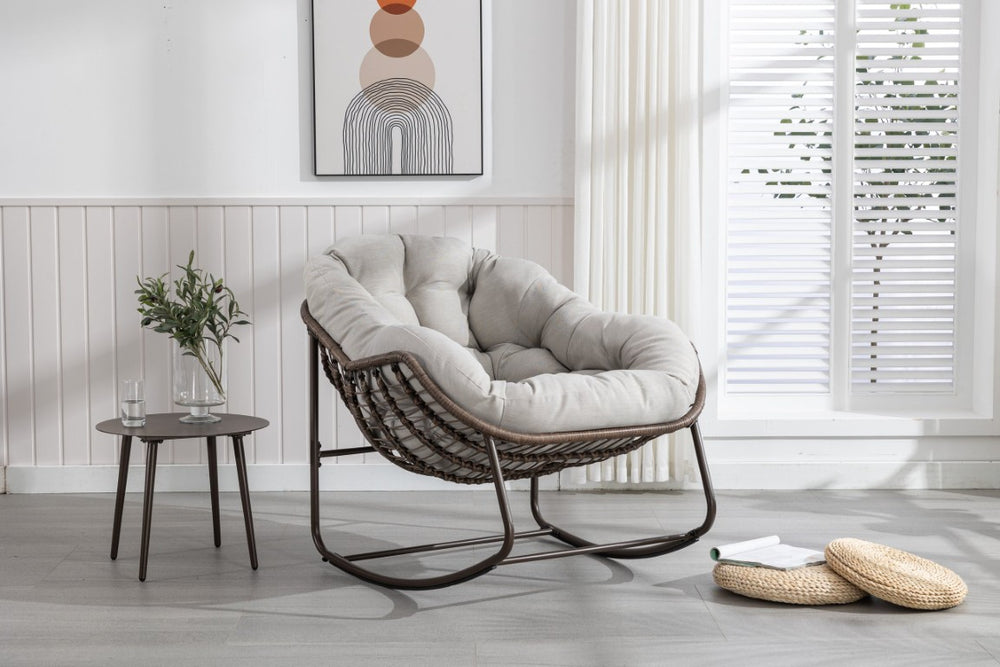 English Elm Outdoor Woven Rattan Egg Rocking Chair with Cushion for Patio Porch or Garden W640P523159