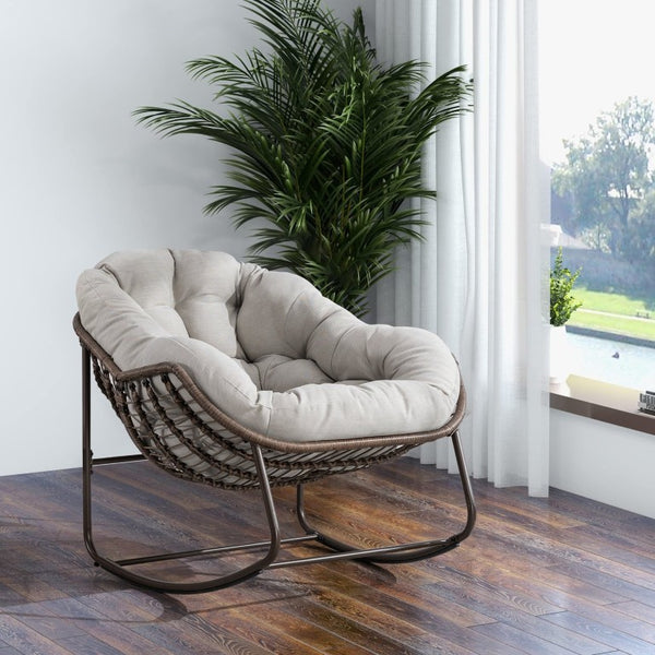 English Elm Outdoor Woven Rattan Egg Rocking Chair with Cushion for Patio Porch or Garden W640P523159