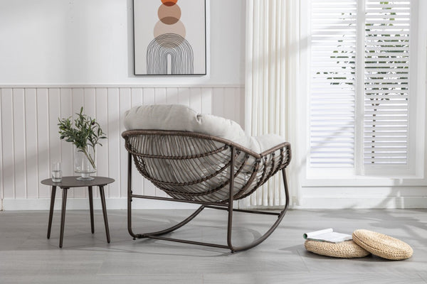 English Elm Outdoor Woven Rattan Egg Rocking Chair with Cushion for Patio Porch or Garden W640P523159