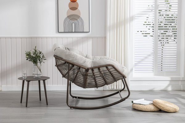 English Elm Outdoor Woven Rattan Egg Rocking Chair with Cushion for Patio Porch or Garden W640P523159