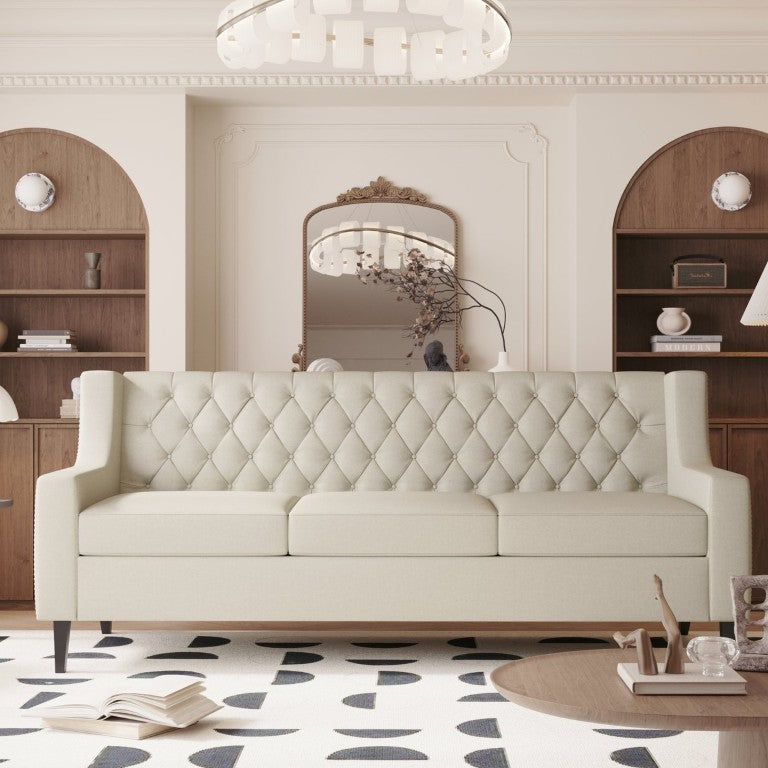 English Elm 78.75 Inch Button Tufted Three Seat Mid Century Sofa with Birch Legs for Any Room W680P188556