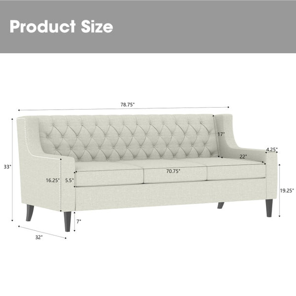 English Elm 78.75 Inch Button Tufted Three Seat Mid Century Sofa with Birch Legs for Any Room W680P188556