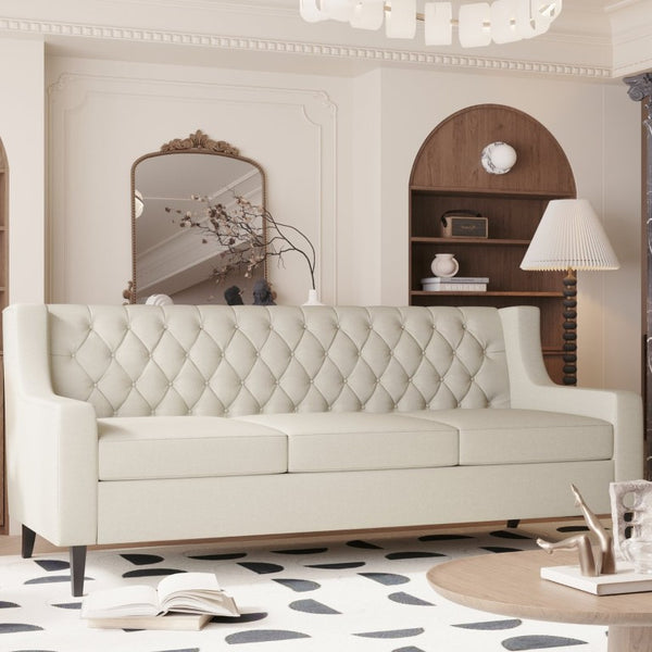English Elm 78.75 Inch Button Tufted Three Seat Mid Century Sofa with Birch Legs for Any Room W680P188556