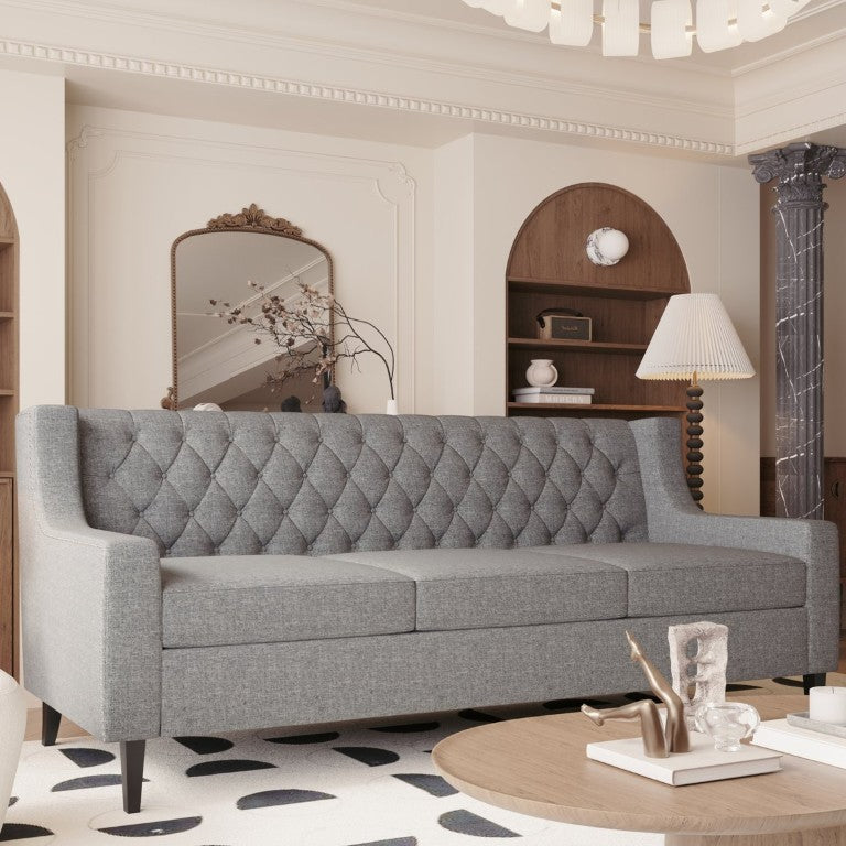 English Elm 78.75 Inch Mid Century Modern 3 Seater Sofa with Button Tufted Back and Birch Legs W680P188561