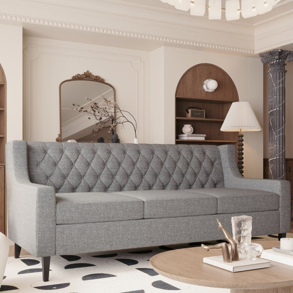 English Elm 78.75 Inch Mid Century Modern 3 Seater Sofa with Button Tufted Back and Birch Legs W680P188561