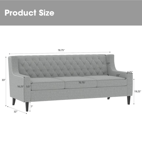 English Elm 78.75 Inch Mid Century Modern 3 Seater Sofa with Button Tufted Back and Birch Legs W680P188561