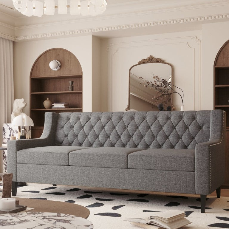 English Elm 78.75 Inch Mid Century Modern 3 Seater Sofa with Button Tufted Back and Birch Legs W680P188561