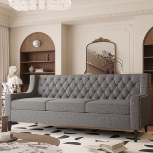 English Elm 78.75 Inch Mid Century Modern 3 Seater Sofa with Button Tufted Back and Birch Legs W680P188561