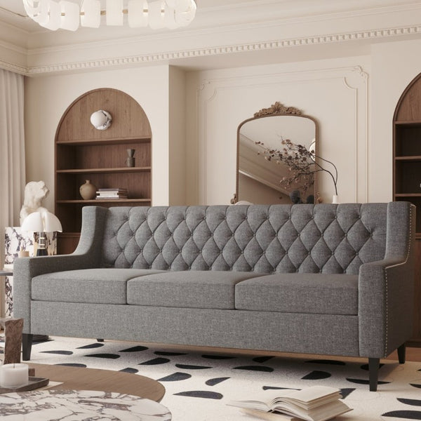 English Elm 78.75 Inch Mid Century Modern 3 Seater Sofa with Button Tufted Back and Birch Legs W680P188561