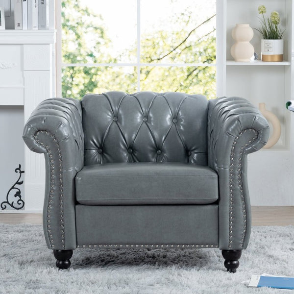 English Elm 1 Seater PU Leather Accent Chair Tufted Back Birch Legs for Living Room Nook W680P405338