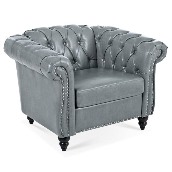 English Elm 1 Seater PU Leather Accent Chair Tufted Back Birch Legs for Living Room Nook W680P405338