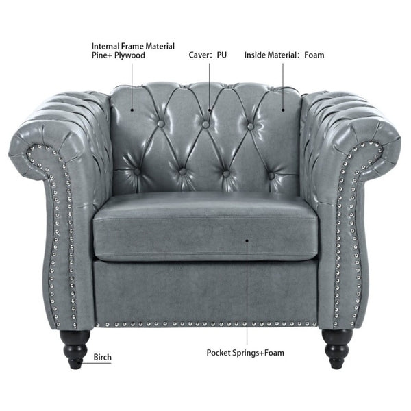 English Elm 1 Seater PU Leather Accent Chair Tufted Back Birch Legs for Living Room Nook W680P405338