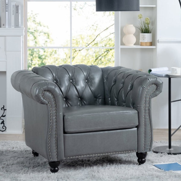 English Elm 1 Seater PU Leather Accent Chair Tufted Back Birch Legs for Living Room Nook W680P405338