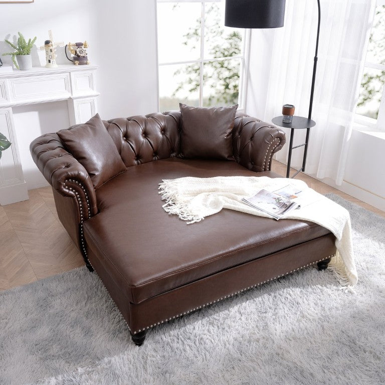 English Elm 63 Inch Tufted PU Leather Chaise Loveseat with Rolled Arms for Living Room Lounging W680P428712