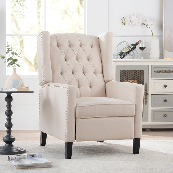 English Elm 27.16" Wide Wingback Manual Recliner with Tufted High Back and Nail Head Trim Beige W680P451417