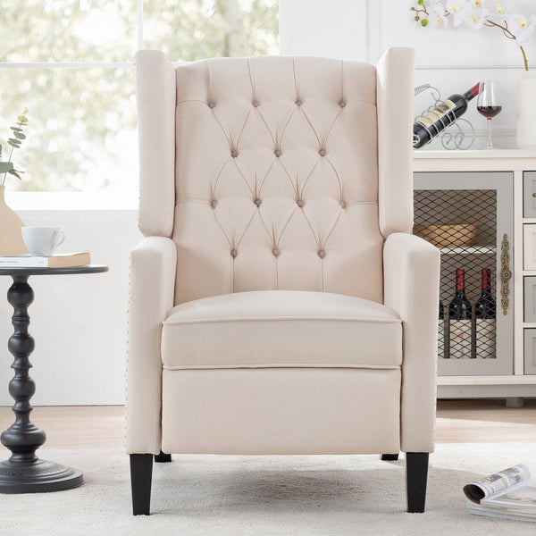 English Elm 27.16" Wide Wingback Manual Recliner with Tufted High Back and Nail Head Trim Beige W680P451417