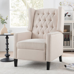 English Elm 27.16" Wide Wingback Manual Recliner with Tufted High Back and Nail Head Trim Beige W680P451417