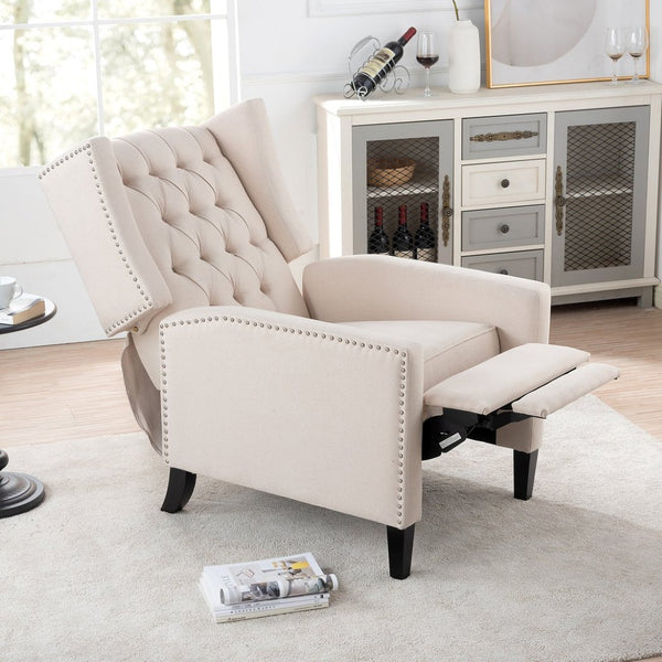 English Elm 27.16" Wide Wingback Manual Recliner with Tufted High Back and Nail Head Trim Beige W680P451417