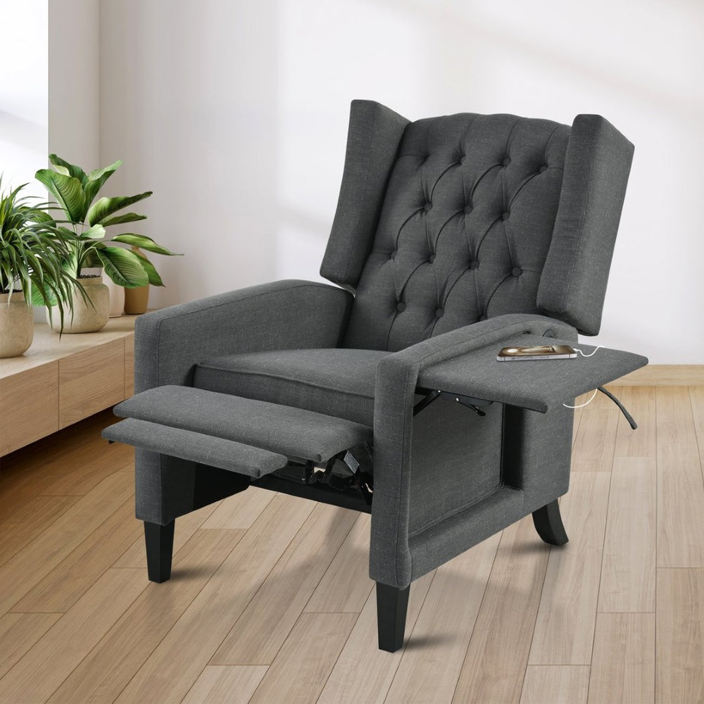 English Elm Manual Pushback Wingback Recliner with Folding Tray Usb Port Solid Wood Mid Century Dark Gray W680P451423