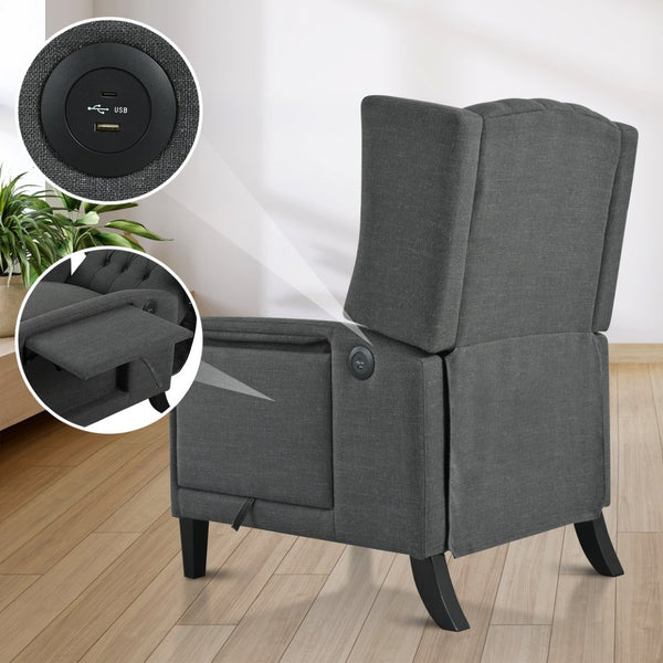 English Elm Manual Pushback Wingback Recliner with Folding Tray Usb Port Solid Wood Mid Century Dark Gray W680P451423
