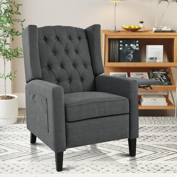 English Elm Manual Pushback Wingback Recliner with Folding Tray Usb Port Solid Wood Mid Century Dark Gray W680P451423