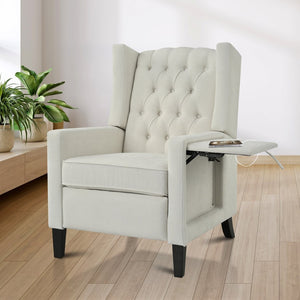 English Elm Manual Pushback Wingback Recliner with Folding Tray Usb Port Solid Wood Mid Century Beige W680P451426