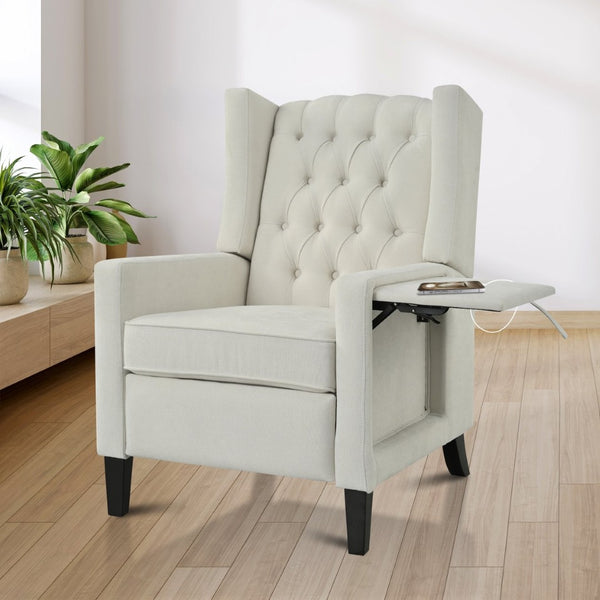 English Elm Manual Pushback Wingback Recliner with Folding Tray Usb Port Solid Wood Mid Century Beige W680P451426