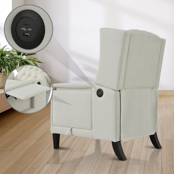 English Elm Manual Pushback Wingback Recliner with Folding Tray Usb Port Solid Wood Mid Century Beige W680P451426
