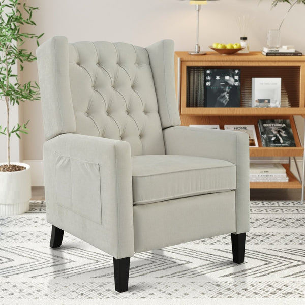 English Elm Manual Pushback Wingback Recliner with Folding Tray Usb Port Solid Wood Mid Century Beige W680P451426