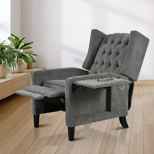 English Elm Manual Pushback Wingback Recliner with Folding Tray Usb Port Solid Wood Mid Century Gray W680P451438