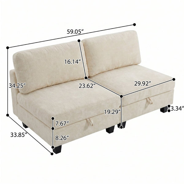 English Elm Armless Modular Two Piece Sectional with Hidden Storage and Convertible Sofa Bed Design White W680P466917