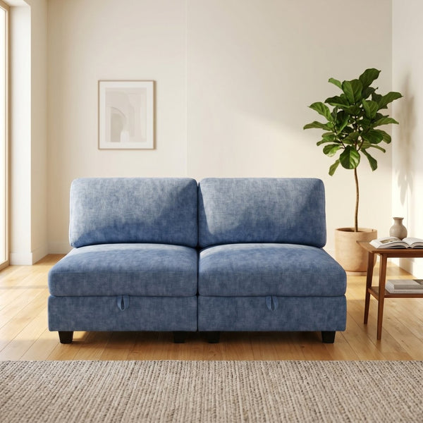 English Elm Armless Modular Two Piece Sectional with Hidden Storage and Convertible Sofa Bed Design Blue W680P466925