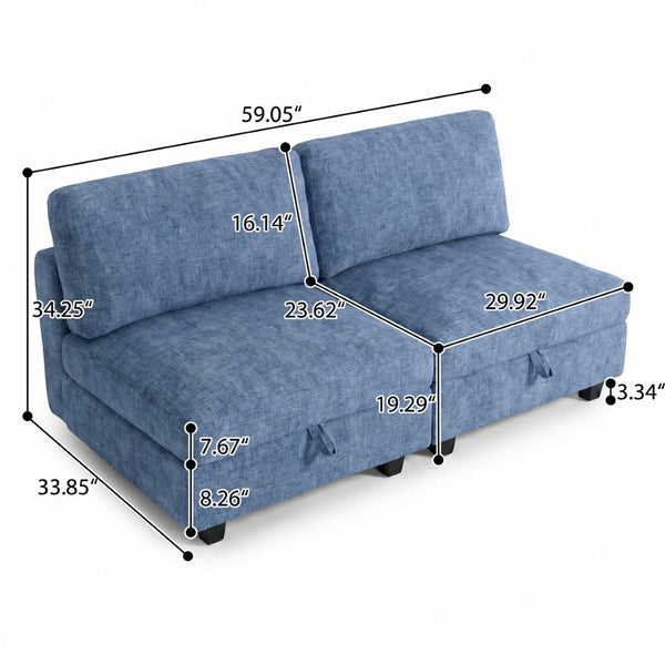 English Elm Armless Modular Two Piece Sectional with Hidden Storage and Convertible Sofa Bed Design Blue W680P466925