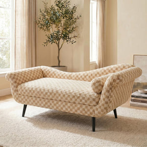 English Elm Classic Diamond Fabric Loveseat with Scroll Arms Birch Legs and Timeless Tailored Appeal Sand W680P484967