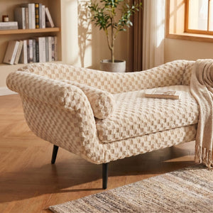 English Elm Classic Diamond Fabric Loveseat with Scroll Arms Birch Legs and Timeless Tailored Appeal Sand W680P484967